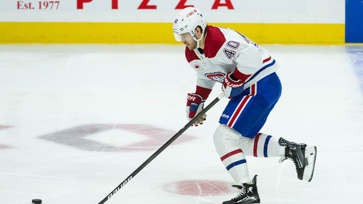 Apr 11, 2025; Ottawa, Ontario, CAN; Montreal Canadiens right wing Joel Armia (40) skates with the puck in the third period against the Ottawa Senators at the Canadian Tire Centre. Mandatory Credit: Marc DesRosiers-Imagn Images Apr 11, 2025; Ottawa, Ontario, CAN; Montreal Canadiens right wing Joel Armia (40) skates with the puck in the third period against the Ottawa Senators at the Canadian Tire Centre. Mandatory Credit: Marc DesRosiers-Imagn Images