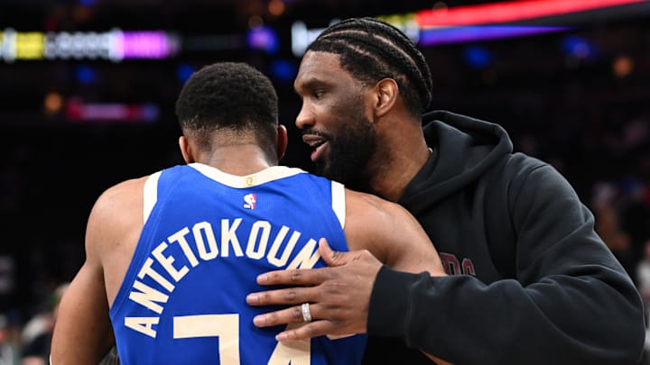 Philadelphia 76ers center Joel Embiid reacts with Milwaukee Bucks forward Giannis Antetokounmpo (34) after the game at Wells Fargo Center on April 3, 2025. Philadelphia 76ers center Joel Embiid reacts with Milwaukee Bucks forward Giannis Antetokounmpo (34) after the game at Wells Fargo Center on April 3, 2025.