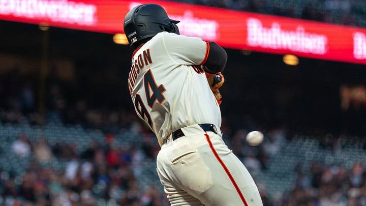San Francisco Giants right fielder Bo Davidson (94) gets his first major league hit. Credit: Neville E. Guard-Imagn Images San Francisco Giants right fielder Bo Davidson (94) gets his first major league hit. Credit: Neville E. Guard-Imagn Images