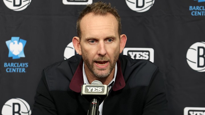 Nov 9, 2022; Brooklyn, New York, USA; Brooklyn Nets general manager Sean Marks speaks during a press conference before a game against the New York Knicks at Barclays Center. Mandatory Credit: Brad Penner-Imagn Images