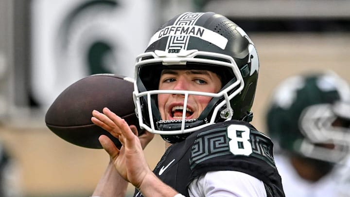 Michigan State's Kayd Coffman warms up during the football Spring Showcase on Saturday, April 18, 2026, at Spartan Stadium in East Lansing.