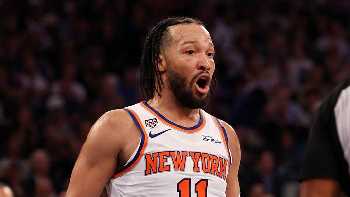 Jun 8, 2026; New York, New York, USA; New York Knicks guard Jalen Brunson (11) reacts to a foul called by referee Marc Davis (8) in the third quarter during game three of the 2026 NBA Finals against the San Antonio Spurs at Madison Square Garden. Mandatory Credit: Geoff Burke-Imagn Images