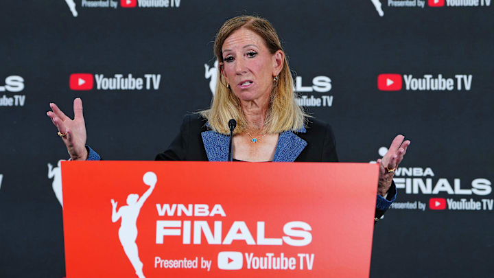 Oct 3, 2025; Las Vegas, Nevada, USA; WNBA Commissioner Cathy Engelbert talks during a presser before the start of game one of the 2025 WNBA Finals between the Phoenix Mercury and the Las Vegas Aces at Michelob Ultra Arena. Mandatory Credit: Stephen R. Sylvanie-Imagn Images