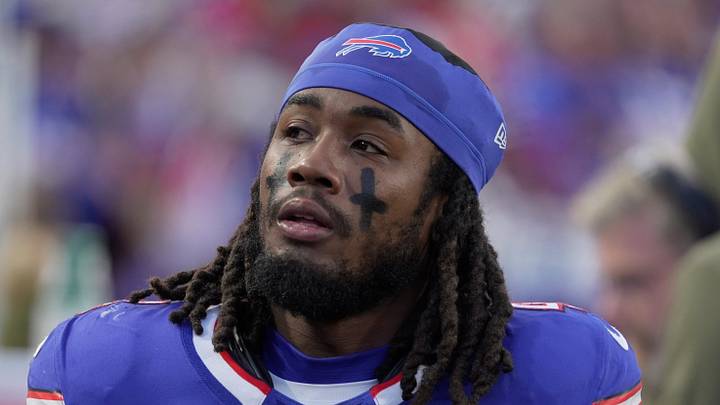 Buffalo Bills running back James Cook III walks the sideline while the defense in on the field during first half action against the Kansas City Chiefs at Highmark Stadium in Orchard Park on Nov. 2, 2025.
