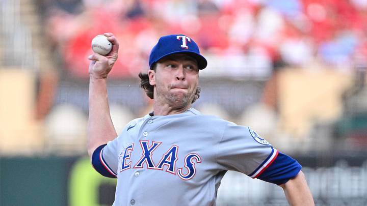Jun 1, 2026; St. Louis, Missouri, USA; Texas Rangers starting pitcher Jacob Degrom (48) pitches against the St. Louis Cardinals during the first inning at Busch Stadium. Mandatory Credit: Jeff Curry-Imagn Images