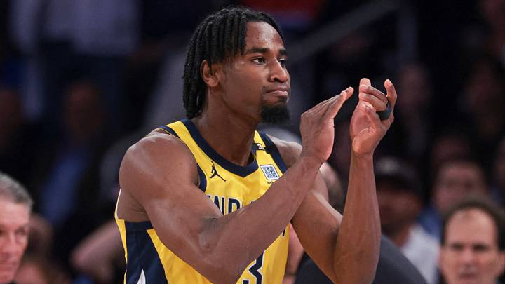 May 14, 2024; New York, New York, USA; Indiana Pacers forward Aaron Nesmith (23) reacts during the first half during game five of the second round for the 2024 NBA playoffs against the New York Knicks at Madison Square Garden. Mandatory Credit: Vincent Carchietta-USA TODAY Sports