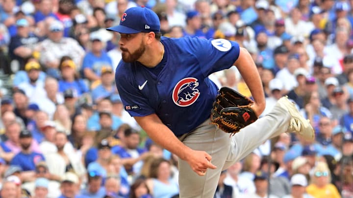 Oct 4, 2025; Milwaukee, Wisconsin, USA; Chicago Cubs pitcher Aaron Civale (38) pitches against the Milwaukee Brewers during the fourth inning of game one of the NLDS round for the 2025 MLB playoffs at American Family Field. Mandatory Credit: Benny Sieu-Imagn Images