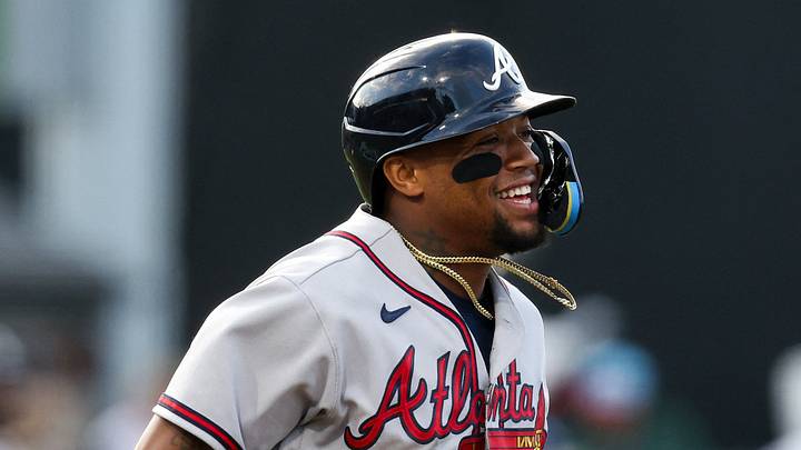 Aug 23, 2026; Williamsport, PA, USA;  Atlanta Braves right fielder Ronald Acuna Jr. (13) runs to first base following a walk during the first inning of the MLB Little League Classic against the Milwaukee Brewers at Journey Bank Ballpark at Historic Bowman Field.  Mandatory Credit: Matthew O'Haren-Imagn Images