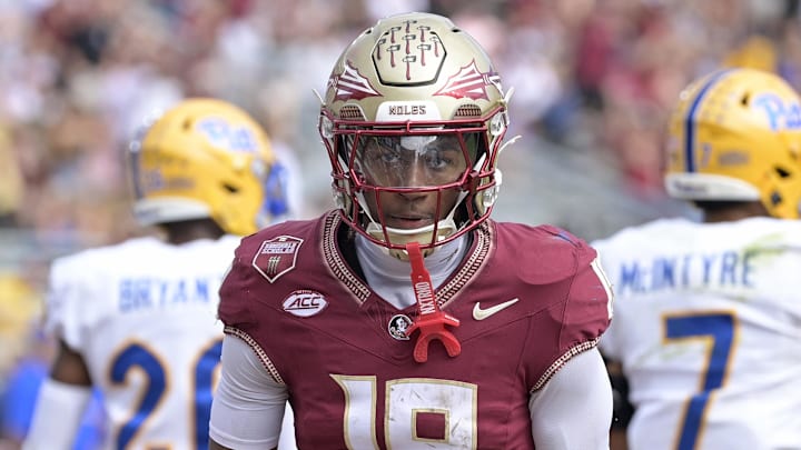 Oct 11, 2025; Tallahassee, Florida, USA; Florida State Seminoles wide receiver Micahi Danzy (19) after scoring a touchdown against the Pittsburgh Panthers in the fourth quarter at Doak S. Campbell Stadium. Mandatory Credit: Melina Myers-Imagn Images Oct 11, 2025; Tallahassee, Florida, USA; Florida State Seminoles wide receiver Micahi Danzy (19) after scoring a touchdown against the Pittsburgh Panthers in the fourth quarter at Doak S. Campbell Stadium. Mandatory Credit: Melina Myers-Imagn Images