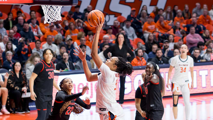 Illinois center Lety Vasconcelos scores two of her career-high nine points in the llini's 76-56 win over Rutgers on Tuesday at the State Farm Center in Champaign, Illinois.