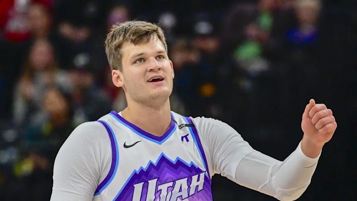Oct 16, 2025; Salt Lake City, Utah, USA; Utah Jazz center Walker Kessler (24) smiles after making a great play during the first half against the Portland Trail Blazers at Delta Center. Mandatory Credit: Peter Creveling-Imagn Images Oct 16, 2025; Salt Lake City, Utah, USA; Utah Jazz center Walker Kessler (24) smiles after making a great play during the first half against the Portland Trail Blazers at Delta Center. Mandatory Credit: Peter Creveling-Imagn Images