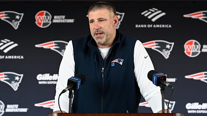 Mar 13, 2025; Foxborough, MA, USA; New England Patriots head coach Mike Vrabel discusses the teamís recent free agent additions with the media at Gillette Stadium. Mandatory Credit: Eric Canha-Imagn Images