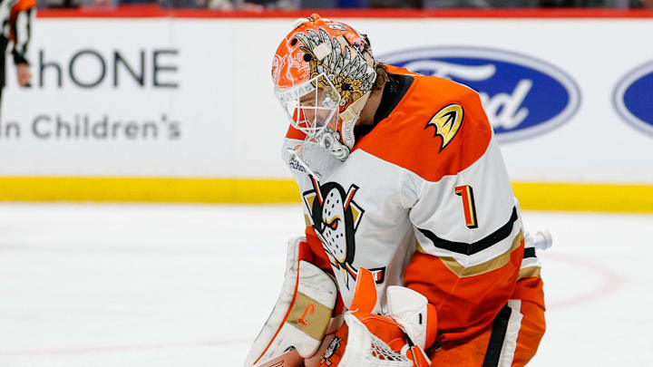 Jan 21, 2026; Denver, Colorado, USA; Anaheim Ducks goaltender Lukas Dostal (1) makes a save in the second period against the Colorado Avalanche at Ball Arena. Mandatory Credit: Isaiah J. Downing-Imagn Images