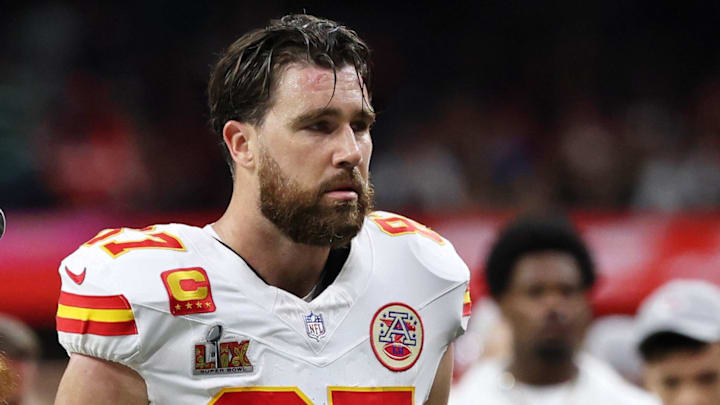 Feb 9, 2025; New Orleans, LA, USA; Kansas City Chiefs tight end Travis Kelce (87) walks off the field at the end of the first half of Super Bowl LIX at Caesars Superdome. Mandatory Credit: Geoff Burke-Imagn Images