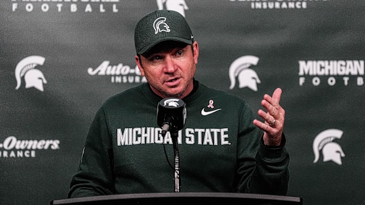 Michigan State head coach Jonathan Smith speaks at the post game press conference after 31-20 loss to Michigan at Spartan Stadium in East Lansing on Saturday, October 25, 2025. Michigan State head coach Jonathan Smith speaks at the post game press conference after 31-20 loss to Michigan at Spartan Stadium in East Lansing on Saturday, October 25, 2025.