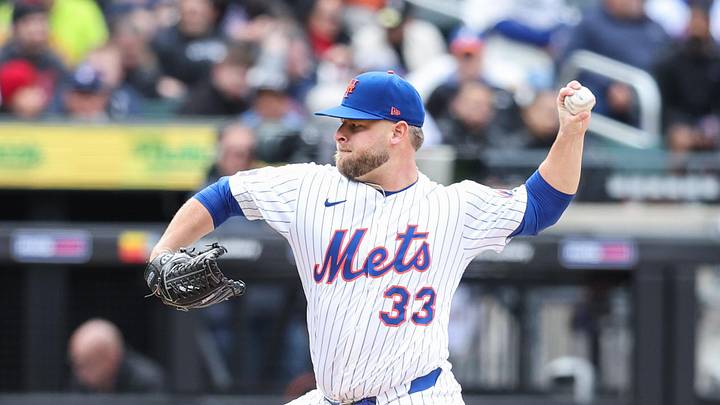 Apr 6, 2025; New York City, New York, USA;  New York Mets relief pitcher A.J. Minter (33) pitches in the eighth inning against the Toronto Blue Jays at Citi Field. Mandatory Credit: Wendell Cruz-Imagn Images