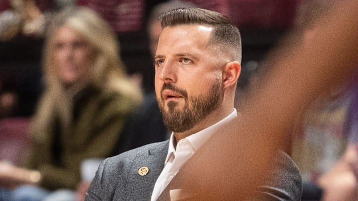 Florida State Seminoles head coach Luke Loucks watches from the sidelines. The Florida State Seminoles lead the Alcorn State Braves 58-44 at the half on Tuesday, Nov. 4, 2025.