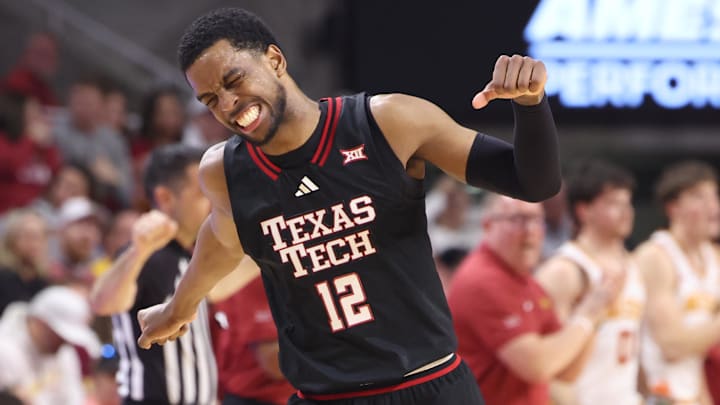 Texas Tech Red Raiders forward Donovan Atwell (12) celebrates during the first half against the Iowa State Cyclones at James H. Hilton Coliseum. 