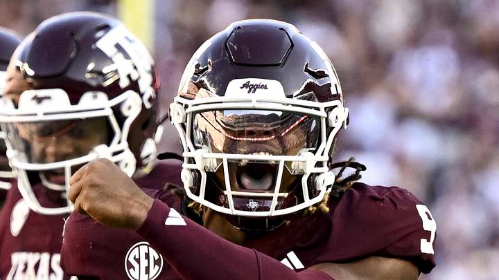 Sep 27, 2025; College Station, Texas, USA; Texas A&M Aggies defensive end Cashius Howell (9) reacts after a sack during the fourth quarter against the Auburn Tigers at Kyle Field. Mandatory Credit: Maria Lysaker-Imagn Images