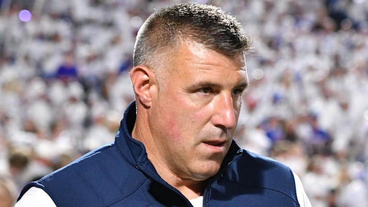 Oct 5, 2025; Orchard Park, New York, USA; New England Patriots head coach Mike Vrabel during the first half at Highmark Stadium. Mandatory Credit: Mark Konezny-Imagn Images
