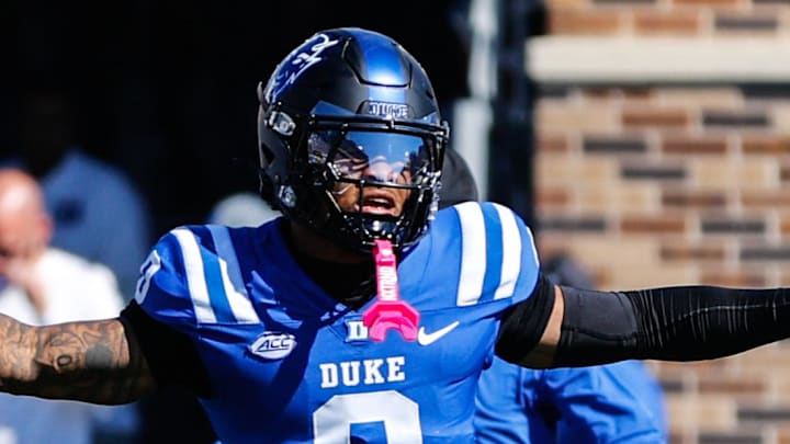 Oct 18, 2025; Durham, North Carolina, USA; Duke Blue Devils tight end Chandler Rivers (0) runs out before the first half of the game against Georgia Tech Yellow Jackets at Wallace Wade Stadium. Mandatory Credit: Jaylynn Nash-Imagn Images