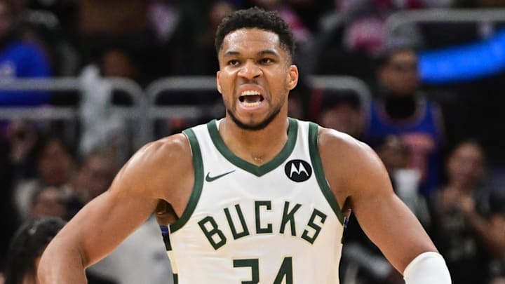 Oct 28, 2025; Milwaukee, Wisconsin, USA;  Milwaukee Bucks forward Giannis Antetokounmpo (34) reacts after scoring a basket in the 3rd quarter against the New York Knicks at Fiserv Forum. Mandatory Credit: Benny Sieu-Imagn Images