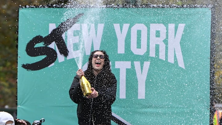 Oct 24, 2024; Manhattan, NY, USA; New York Liberty forward Breanna Stewart reacts during the New York Liberty championship parade along the Canyon of Heroes in New York. Mandatory Credit: John Jones-Imagn Images