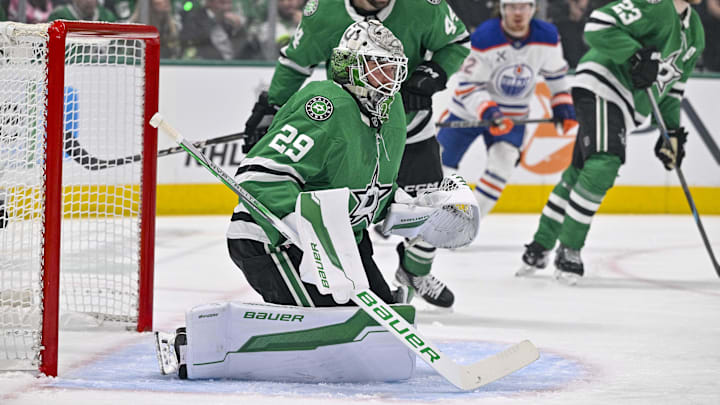 May 29, 2025; Dallas, Texas, USA; Dallas Stars goaltender Jake Oettinger (29) in action during the game between the Dallas Stars and the Edmonton Oilers in game five of the Western Conference Final of the 2025 Stanley Cup Playoffs at American Airlines Center. Mandatory Credit: Jerome Miron-Imagn Images
