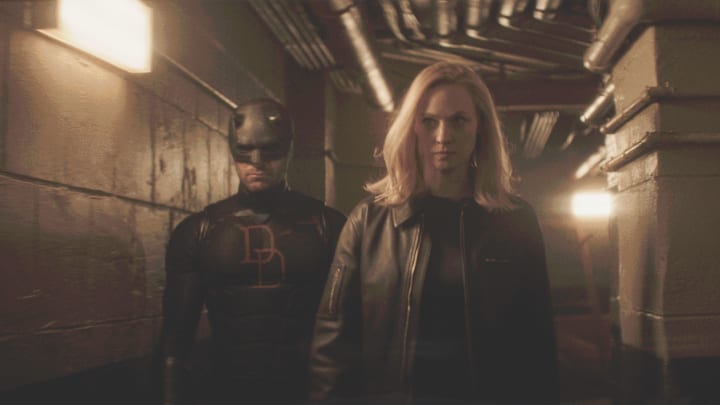 L-R: Matt Murdock / Daredevil (Charlie Cox) and Karen Page (Deborah Ann Woll) in Marvel Television's DAREDEVIL: BORN AGAIN
