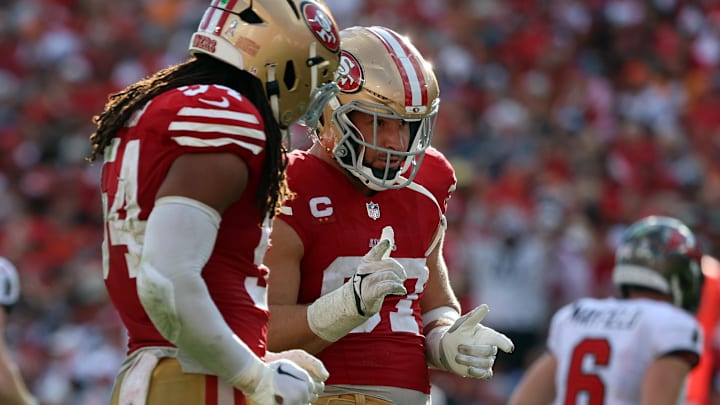 Nov 10, 2024; Tampa, Florida, USA; San Francisco 49ers defensive end Nick Bosa (97) celebrates after he sacks Tampa Bay Buccaneers quarterback Baker Mayfield (6) (not pictured) during the second half at Raymond James Stadium. Mandatory Credit: Kim Klement Neitzel-Imagn Images Nov 10, 2024; Tampa, Florida, USA; San Francisco 49ers defensive end Nick Bosa (97) celebrates after he sacks Tampa Bay Buccaneers quarterback Baker Mayfield (6) (not pictured) during the second half at Raymond James Stadium. Mandatory Credit: Kim Klement Neitzel-Imagn Images