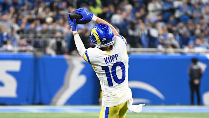 Jan 14, 2024; Detroit, Michigan, USA; Los Angeles Rams wide receiver Cooper Kupp (10) makes a catch during the second half of a 2024 NFC wild card game against the Detroit Lions at Ford Field. Mandatory Credit: Lon Horwedel-Imagn Images