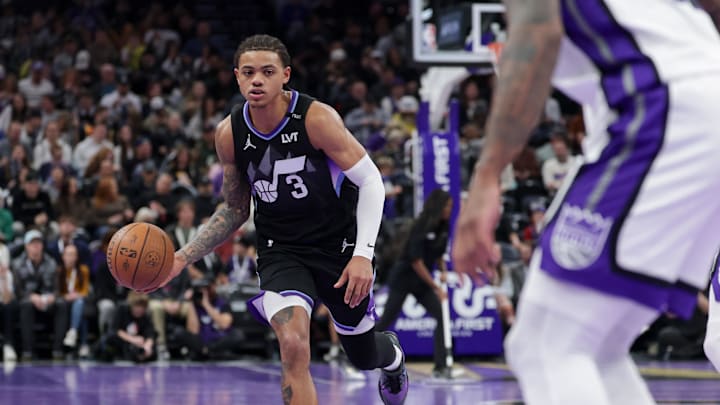 Nov 28, 2025; Salt Lake City, Utah, USA; Utah Jazz guard Keyonte George (3) dirbbles the ball against the Sacramento Kings during the second half at Delta Center. Mandatory Credit: Chris Nicoll-Imagn Images