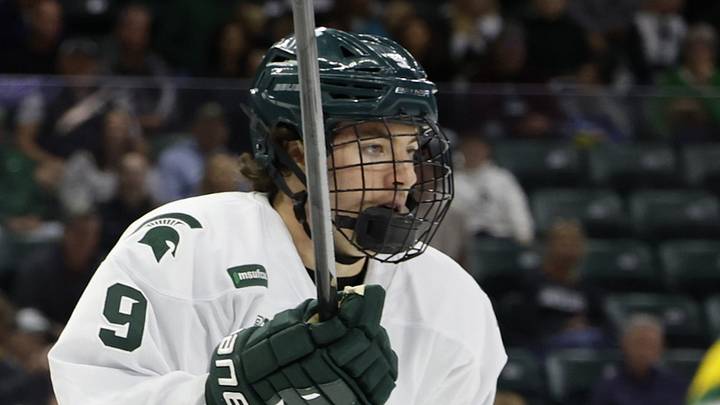 Michigan State forward Mason West skates up the ice vs. Northern Michigan at Munn Ice Arena on Sunday, Oct. 11, 2026 Michigan State forward Mason West skates up the ice vs. Northern Michigan at Munn Ice Arena on Sunday, Oct. 11, 2026