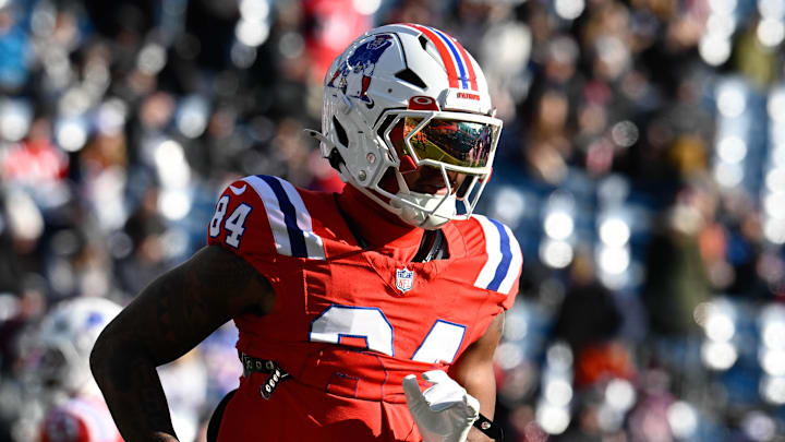 Dec 1, 2024; Foxborough, Massachusetts, USA; New England Patriots wide receiver Kendrick Bourne (84) warms up before a game against the Indianapolis Colts at Gillette Stadium. Mandatory Credit: Eric Canha-Imagn Images