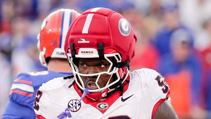 Former Georgia Bulldogs defensive lineman Christen Miller reacts after making a tackle.