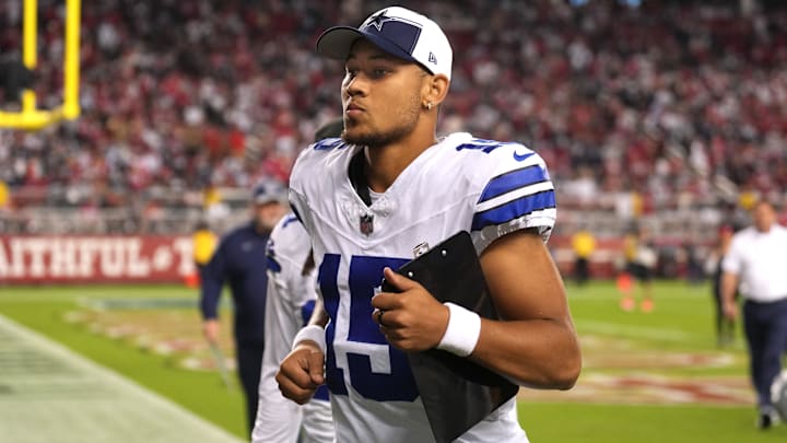 Oct 8, 2023; Santa Clara, California, USA; Dallas Cowboys quarterback Trey Lance (15) jogs off of
