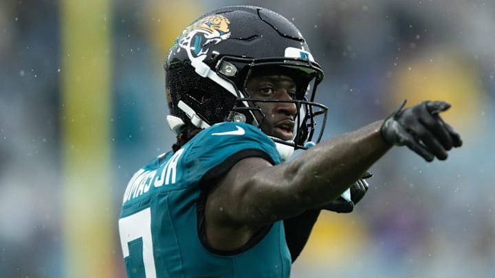 Dec 29, 2024; Jacksonville, Florida, USA; Jacksonville Jaguars wide receiver Brian Thomas Jr (7) celebrates the first down against the the Tennessee Titans in the second quarter at EverBank Stadium. Mandatory Credit: Jeremy Reper-Imagn Images