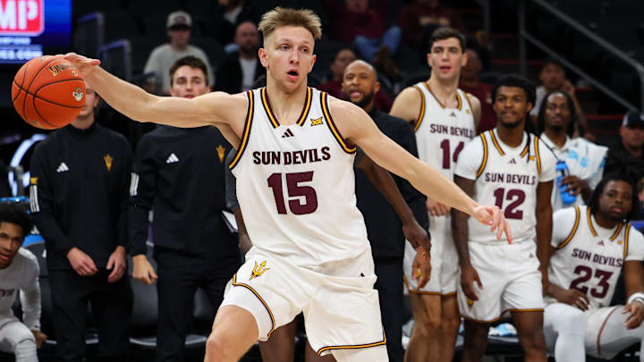 Dec 6, 2025; Phoenix, Arizona, USA; Arizona State University Sun Devils guard Noah Meeusen (15) dribbles the ball against Oklahoma University Sooners at PHX Arena. Mandatory Credit: Anna Carrington-Imagn Images