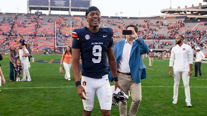 Auburn Tigers quarterback Deuce Knight (9) walks off the field as Auburn Tigers take on Mercer Bears at Jordan-Hare Stadium in Auburn, Ala. on Saturday, Nov. 22, 2025. Auburn Tigers defeated the Mercer Bears 62-17.
