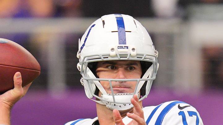 Indianapolis Colts quarterback Daniel Jones practices before the game