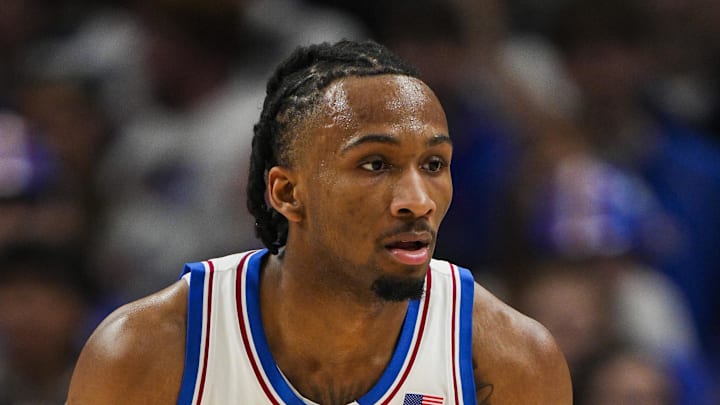 Dec 7, 2025; Kansas City, Missouri, USA; Kansas Jayhawks guard Darryn Peterson (22) defends during the first half against the Missouri Tigers at T-Mobile Center. Mandatory Credit: Jay Biggerstaff-Imagn Images Dec 7, 2025; Kansas City, Missouri, USA; Kansas Jayhawks guard Darryn Peterson (22) defends during the first half against the Missouri Tigers at T-Mobile Center. Mandatory Credit: Jay Biggerstaff-Imagn Images