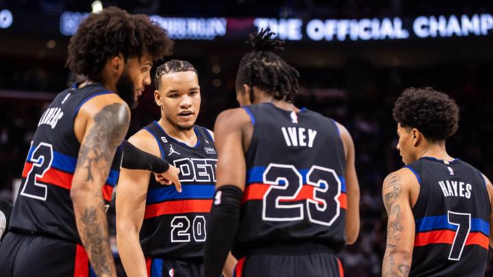 Nov 4, 2022; Detroit, Michigan, USA; Detroit Pistons forward Isaiah Livers (12), forward Kevin Knox II (20), guard Jaden Ivey (23) and guard Killian Hayes (7) discuss during the second half against he Cleveland Cavaliers at Little Caesars Arena. Mandatory Credit: Allison Farrand-USA TODAY Sports Nov 4, 2022; Detroit, Michigan, USA; Detroit Pistons forward Isaiah Livers (12), forward Kevin Knox II (20), guard Jaden Ivey (23) and guard Killian Hayes (7) discuss during the second half against he Cleveland Cavaliers at Little Caesars Arena. Mandatory Credit: Allison Farrand-USA TODAY Sports