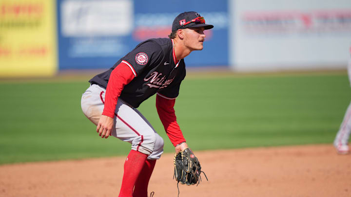 Washington Nationals third baseman Brady House (55) participates in the Spring Breakout game against the New York Mets at Clover Park. Washington Nationals third baseman Brady House (55) participates in the Spring Breakout game against the New York Mets at Clover Park.