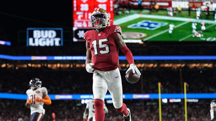 Jauan Jennings slows down after scoring a touchdown. Jauan Jennings slows down after scoring a touchdown.