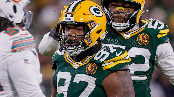 Green Bay Packers defensive tackle Kenny Clark (97) and defensive end Rashan Gary (52) celebrate after Clark sacks Miami Dolphins quarterback Tua Tagovailoa on Thursday, November 28, 2024, at Lambeau Field in Green Bay, Wis. The Packers won the game, 30-17.
Tork Mason/USA TODAY NETWORK-Wisconsin