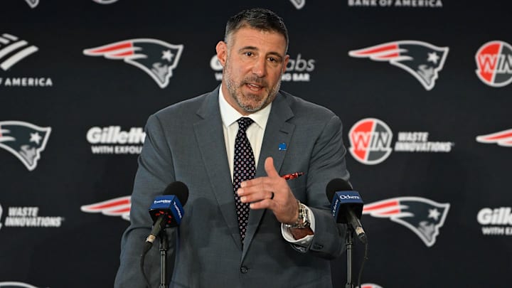 Jan 13, 2025; Foxborough, MA, USA; Mike Vrabel addresses media at a press conference at Gillette Stadium to announce his hiring as the New England Patriots head coach. Mandatory Credit: Eric Canha-Imagn Images