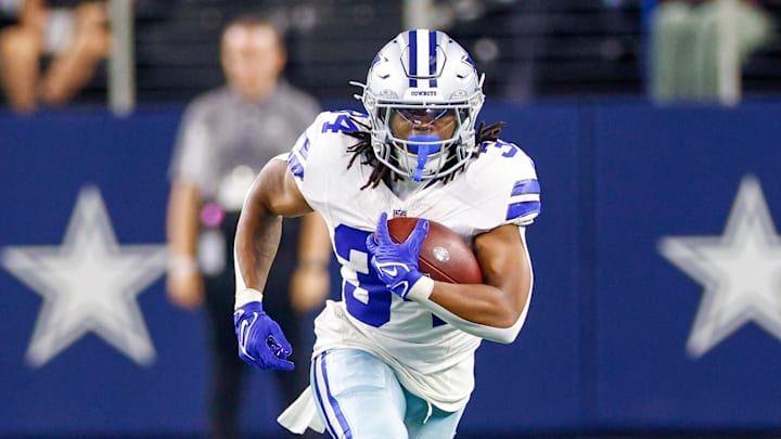 Dallas Cowboys running back Jaydon Blue carries the ball during the fourth quarter against the Atlanta Falcons Dallas Cowboys running back Jaydon Blue carries the ball during the fourth quarter against the Atlanta Falcons