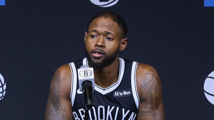 Sep 23, 2025; Brooklyn, NY, USA;  Brooklyn Nets forward Haywood Highsmith (7) speaks at Media Day. Mandatory Credit: Wendell Cruz-Imagn Images