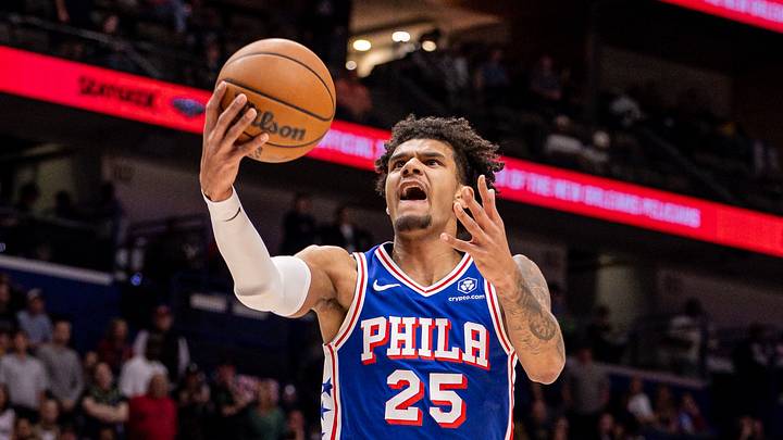 Philadelphia 76ers forward Dominick Barlow (25) drives to the basket against the New Orleans Pelicans during the first half at Smoothie King Center on Feb. 21, 2026. Philadelphia 76ers forward Dominick Barlow (25) drives to the basket against the New Orleans Pelicans during the first half at Smoothie King Center on Feb. 21, 2026.