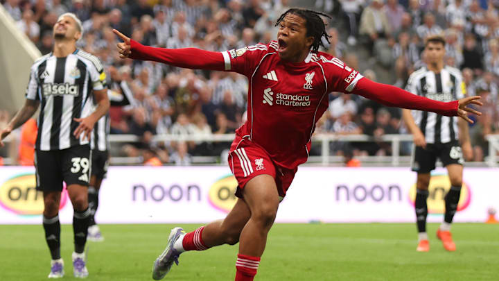Rio Ngumoha (middle) runs off to celebrate his game-winning goal.